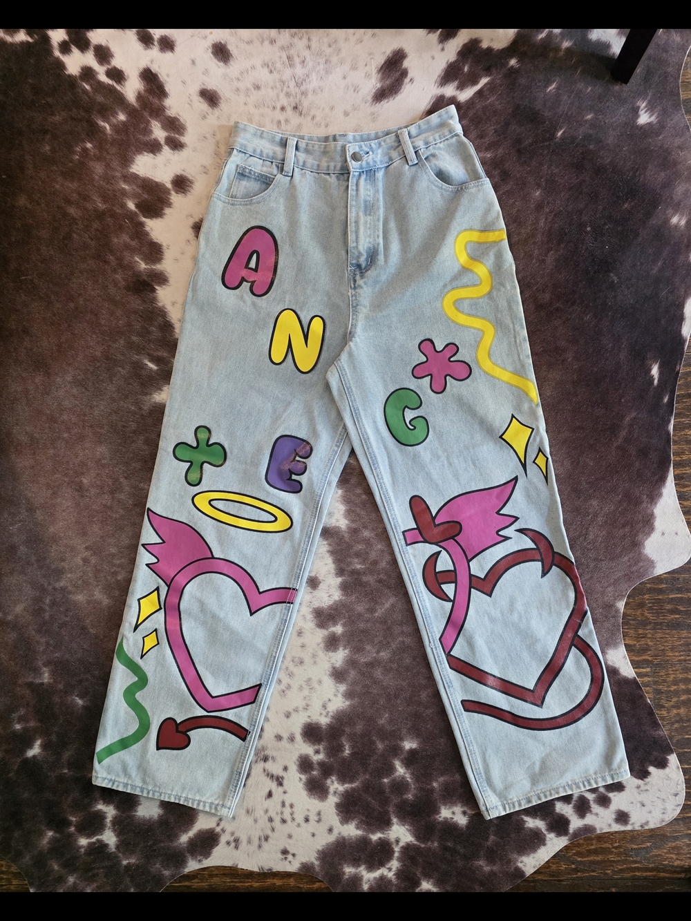 Daisy Street US 6 Graphic Wide Leg Jeans Y2K Heart Angel Devil NWT